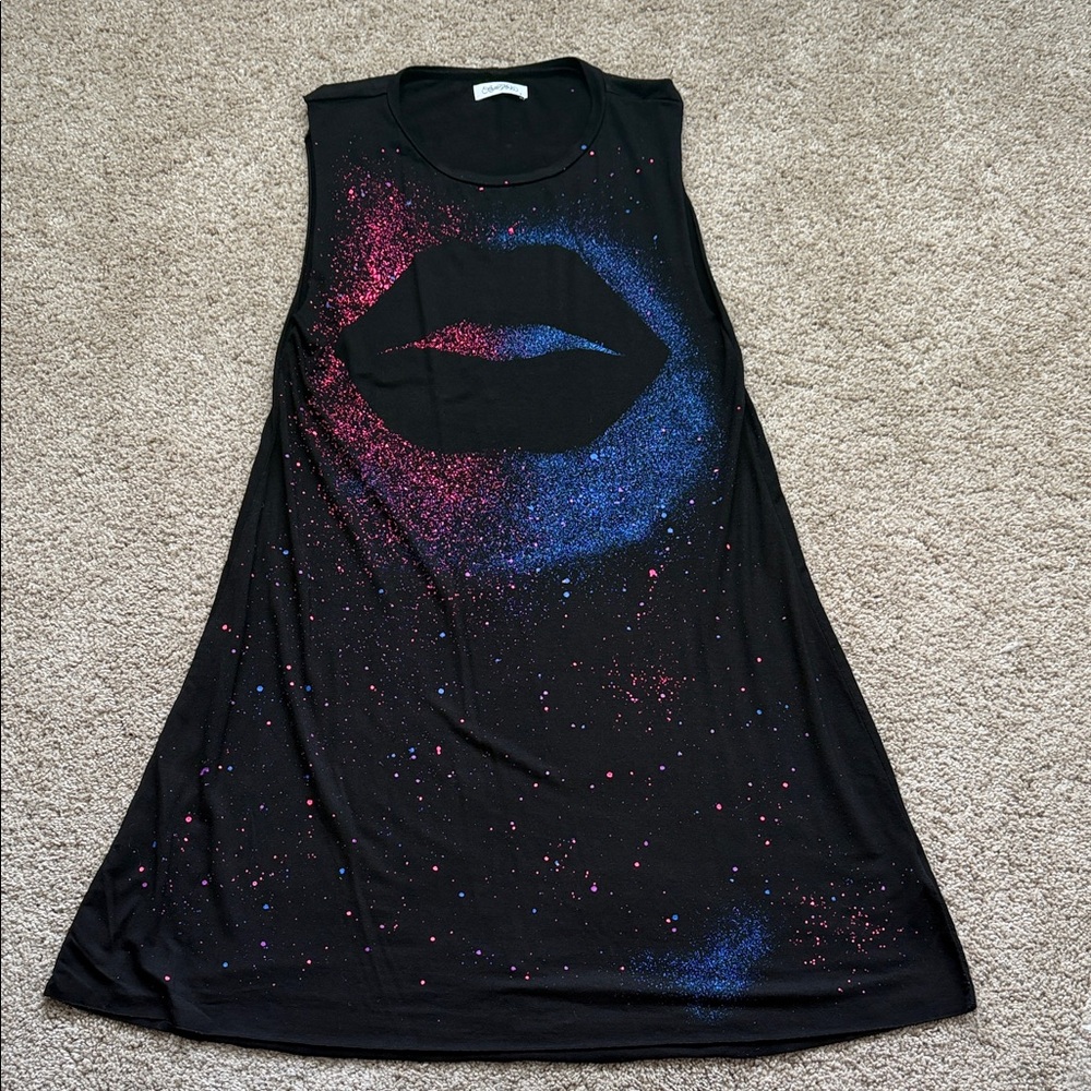 Lauren Moshi Galaxy Lip Sleeveless Mini Dress in black w/hand-applied splatter